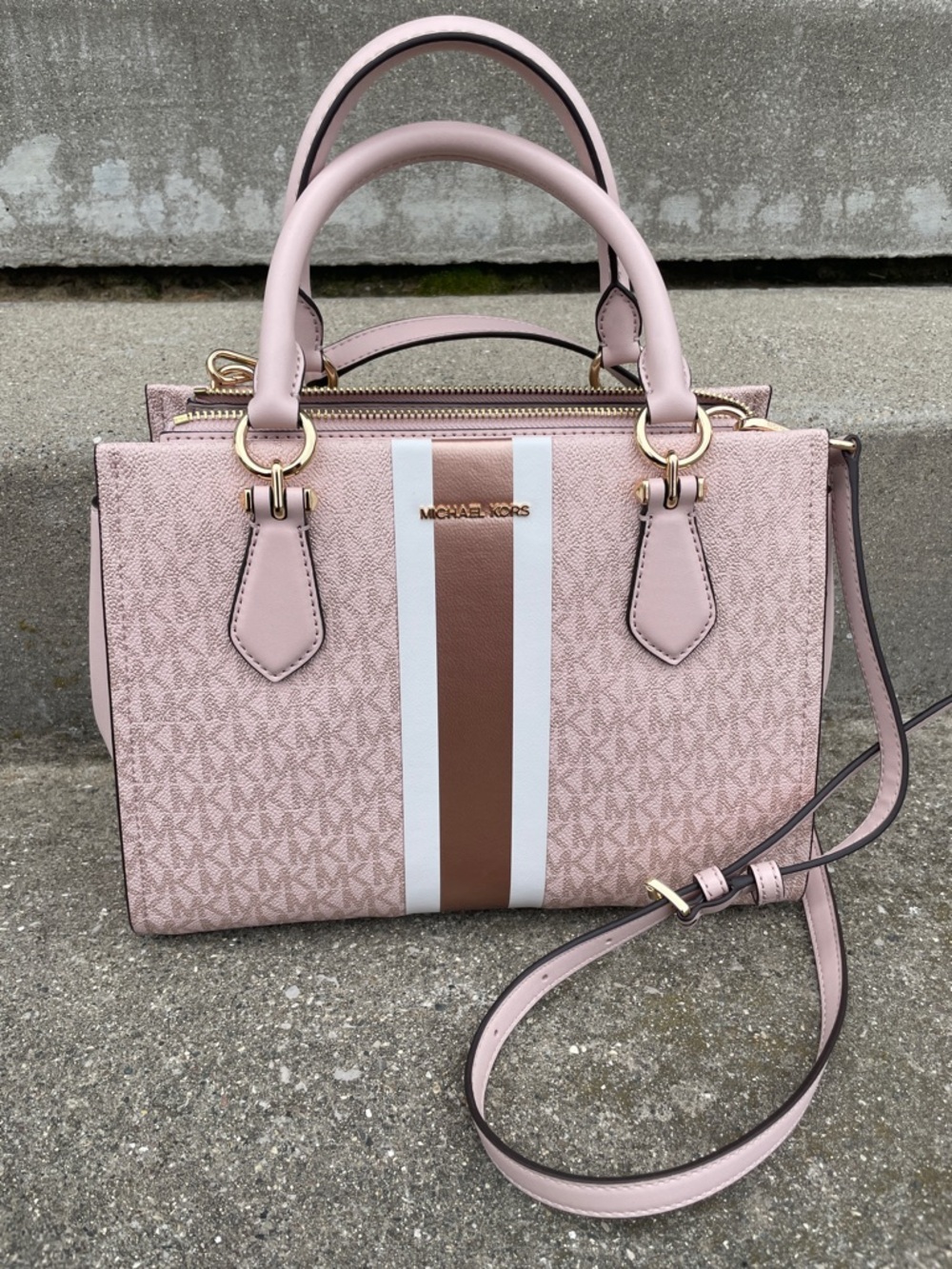 Michael Kors Pink Satchel w/ White & Rose Gold Stripes (Marilyn Medium)